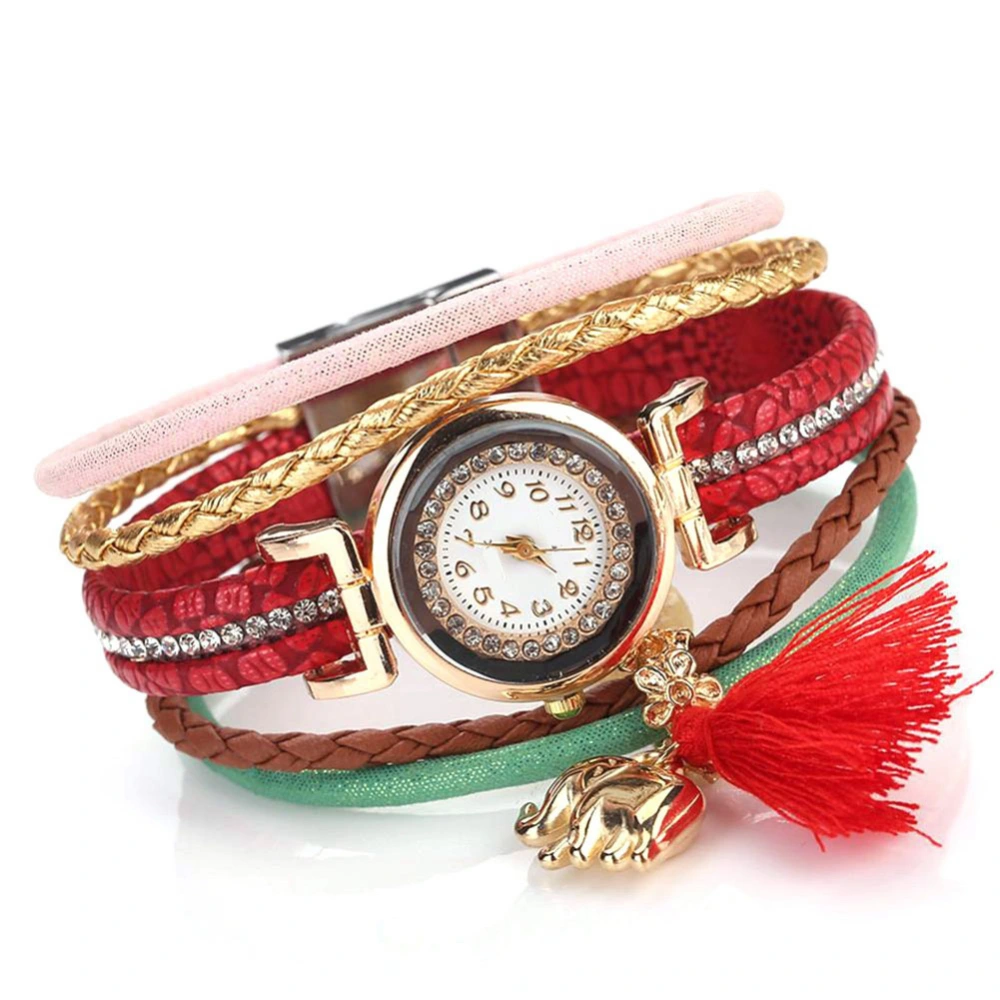 Women Retro Multilayer PU Leather Belt Tassel Elephant Pendant Quartz Watch(Red)