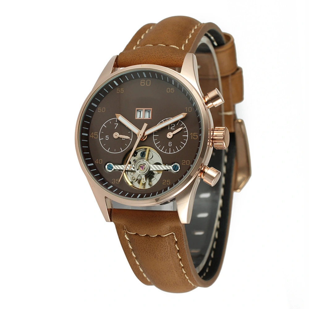 FORSINING Business Couple Round Watch Leather Strap Automatic Wristwatch(Brown for Female)