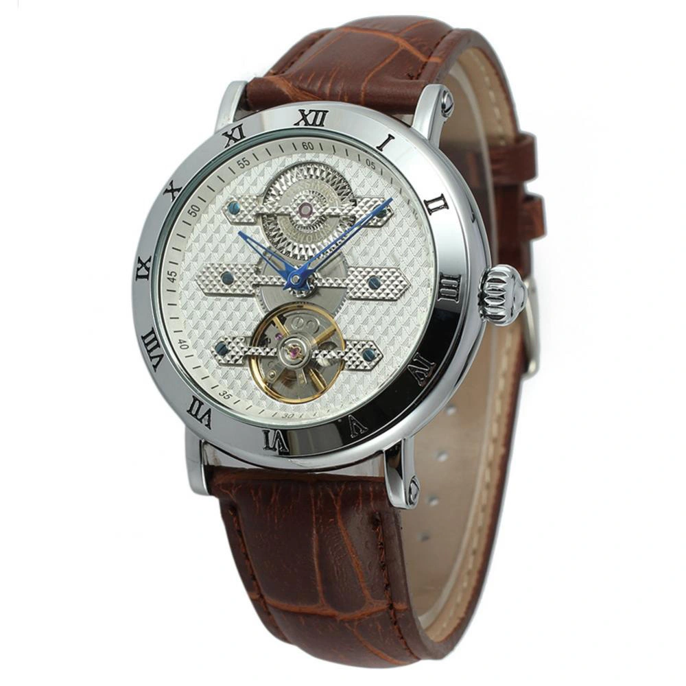 FORSINING Men Automatic Mechanical Waterproof Watch Wristwatch (White Dial Brown Strap)