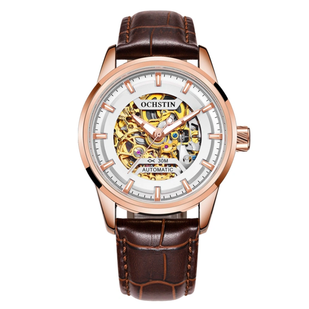 OCHSTIN Man Automatic Mechanical Watch Full Hollow True Leather Wristwatch White+ Rose Gold