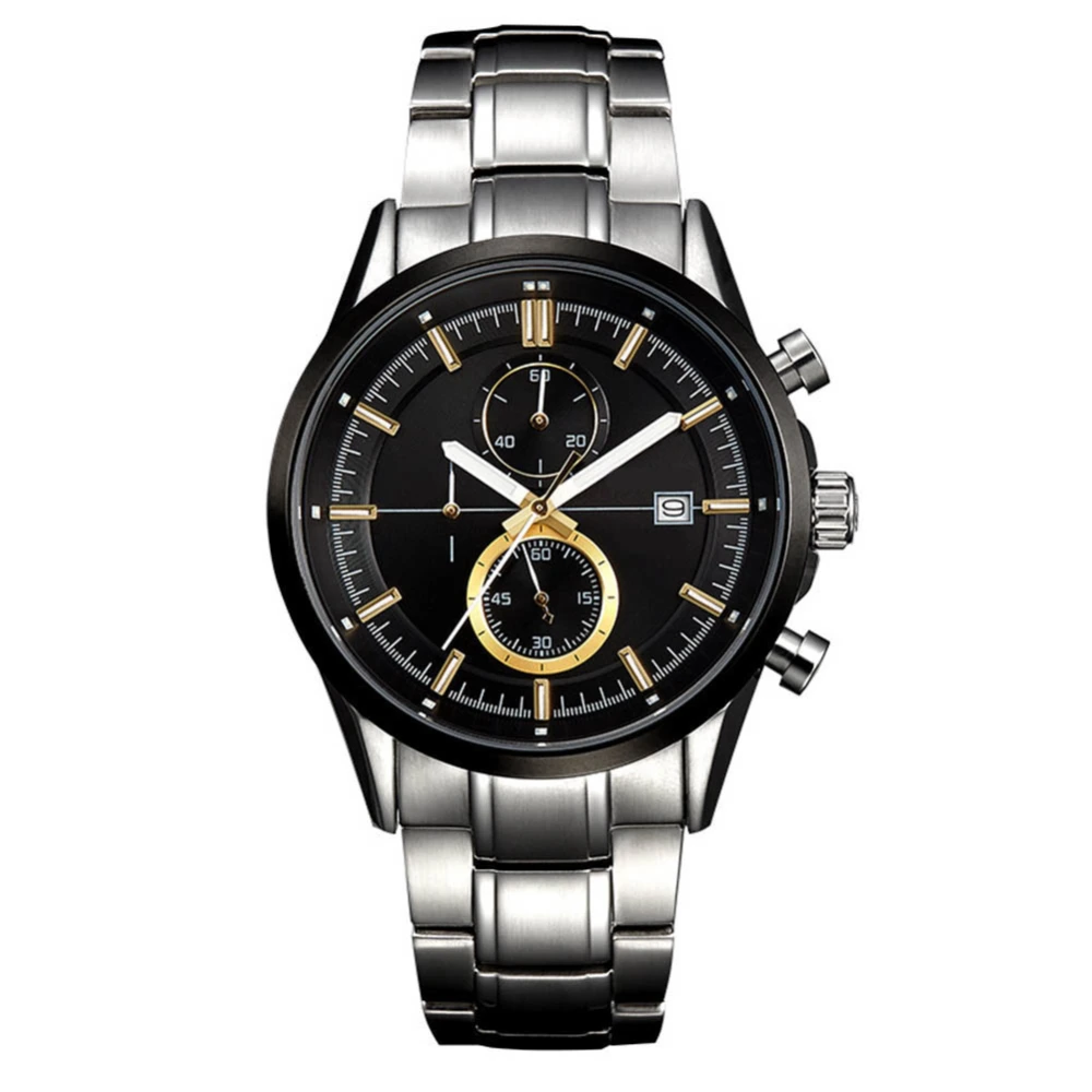 Stainless Steel Watch Waterproof Imported Quartz Watch (Black Gold Nailed Silver Belt)