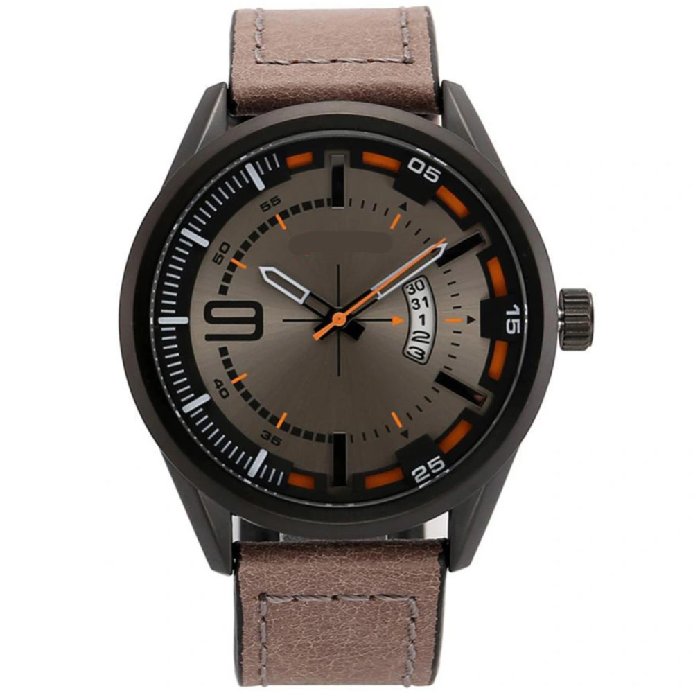 Fashionable Calendar Dial Leather Strap Watch Round Dial Business Men Wristwatch 03#