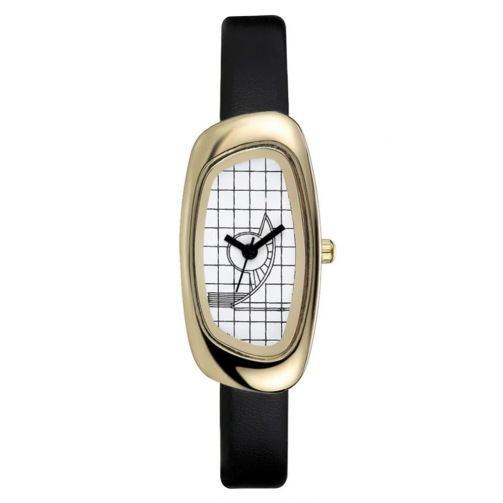 Unique Form Golden Alloy Watch Analog Quartz Women Wristwatch(black)