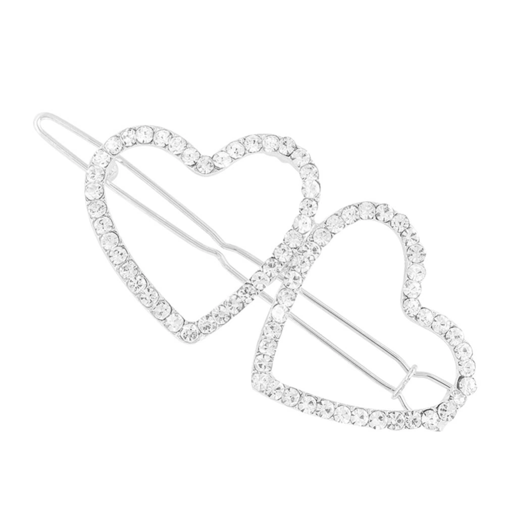 Women Fashion Alloy Cute Heart Shape Rhinestone Girlish Hair Clip Pin Accessory (1344 Silver)