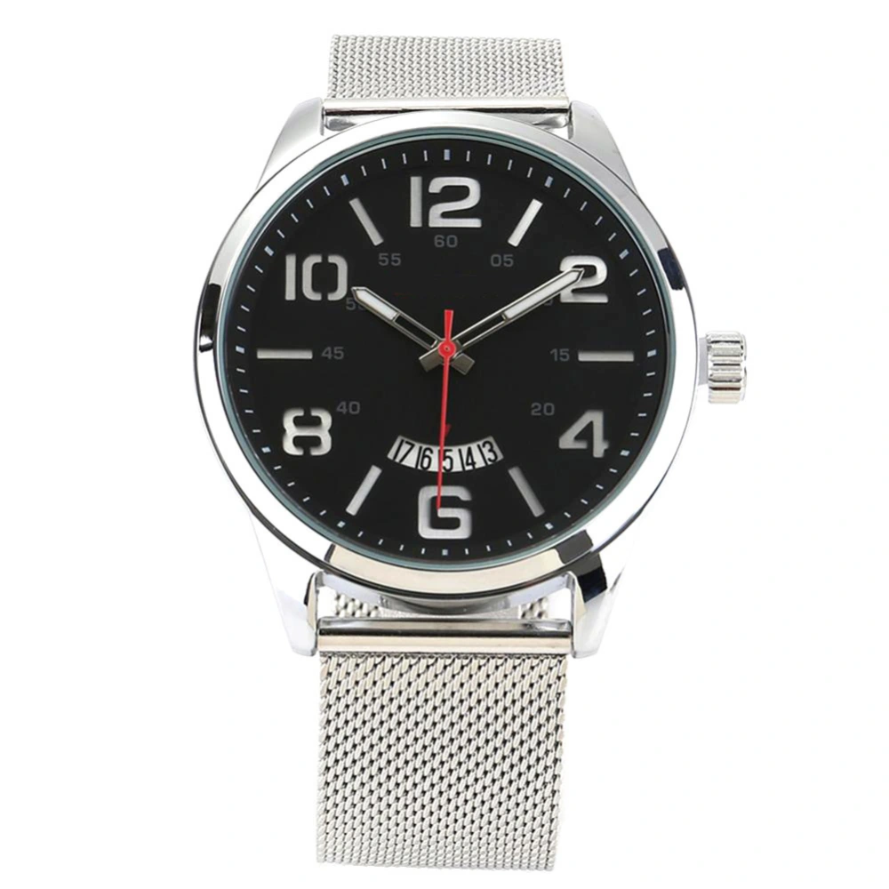 Fashionable Steel Strap Quartz Watch Round Day Display Men Wristwatch (White Black)