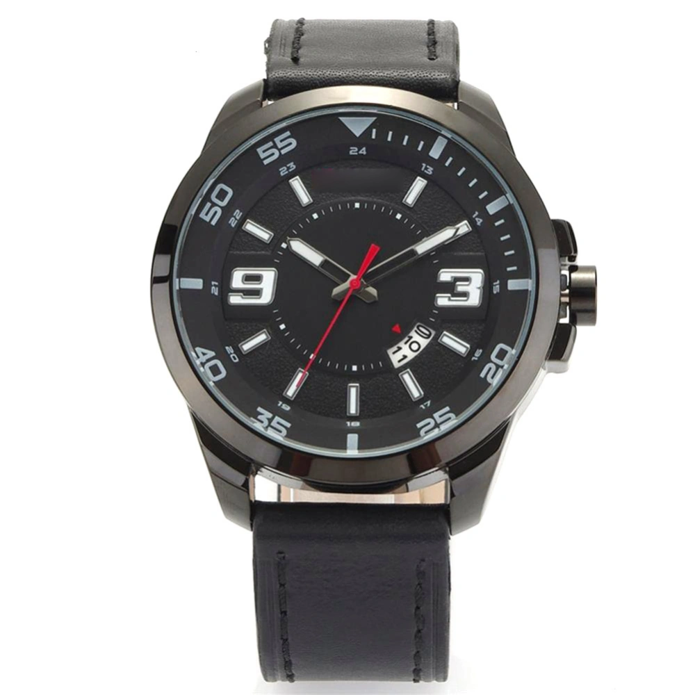 Fashionable Alloy Leater Watch Round Dial Analog Display Quartz Wristwatch (Black)