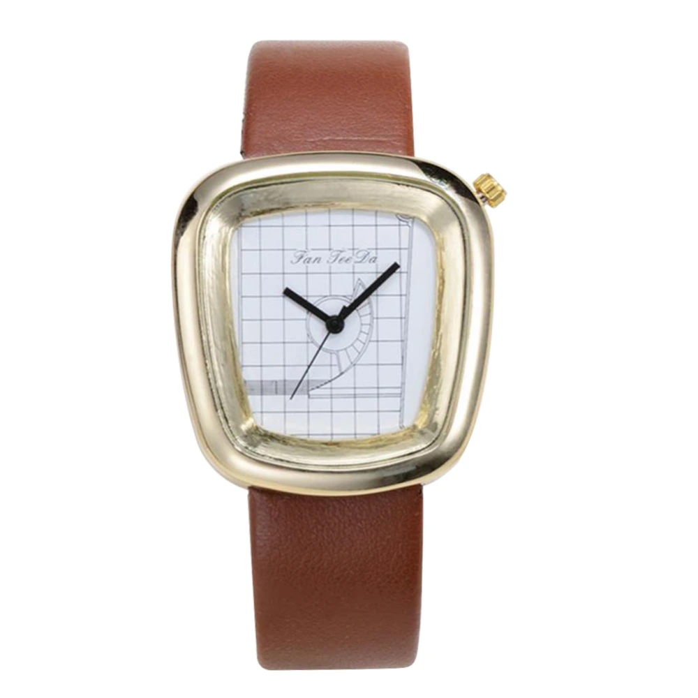 Alloy Case PU Strap Quartz Movement Analog Geometric Dial Wristwatch Watch Brown