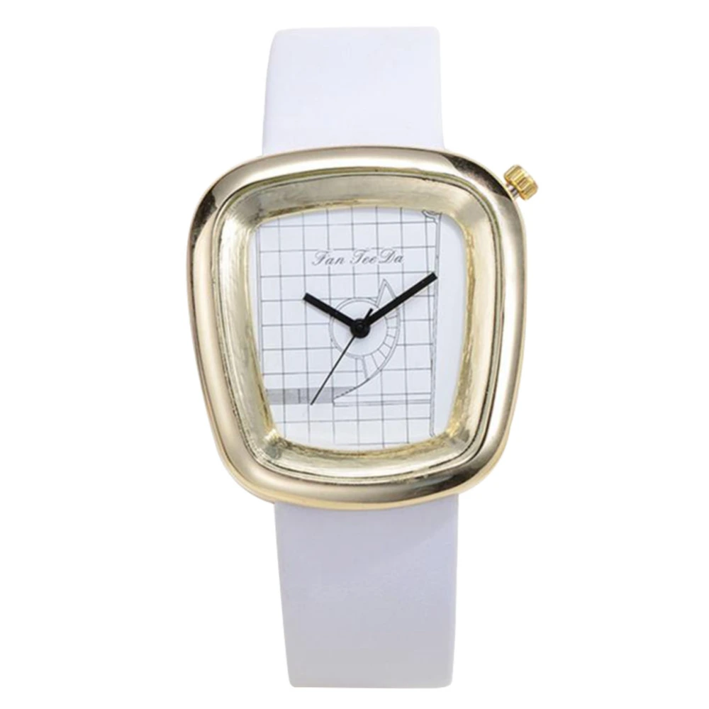 Alloy Case PU Strap Quartz Movement Analog Geometric Dial Wristwatch Watch White