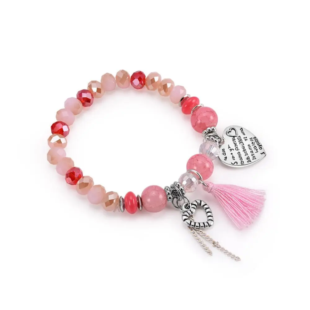 Girl Lovely Pink Crystal Heart Tassel Pendant Beaded Bracelet Charm Jewelry