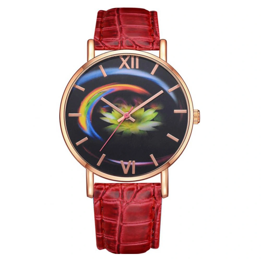 LVPAI Alloy Lotus Mirror Watch Fashionable Crocodile Leather Red Quartz Wristwatch P522