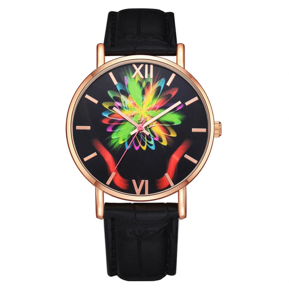 Elegnat Women Colorful 3D Rose Pattern Analog Display Quartz Mpvement Wrist Watch(Black)