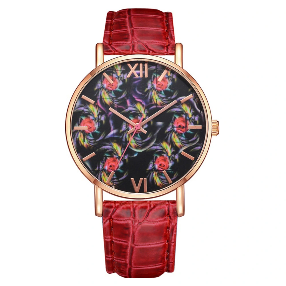 LVPAI Simple Fashionable Women Colorful Roses Pattern Quartz Leather Strap Wristwatch(Red)