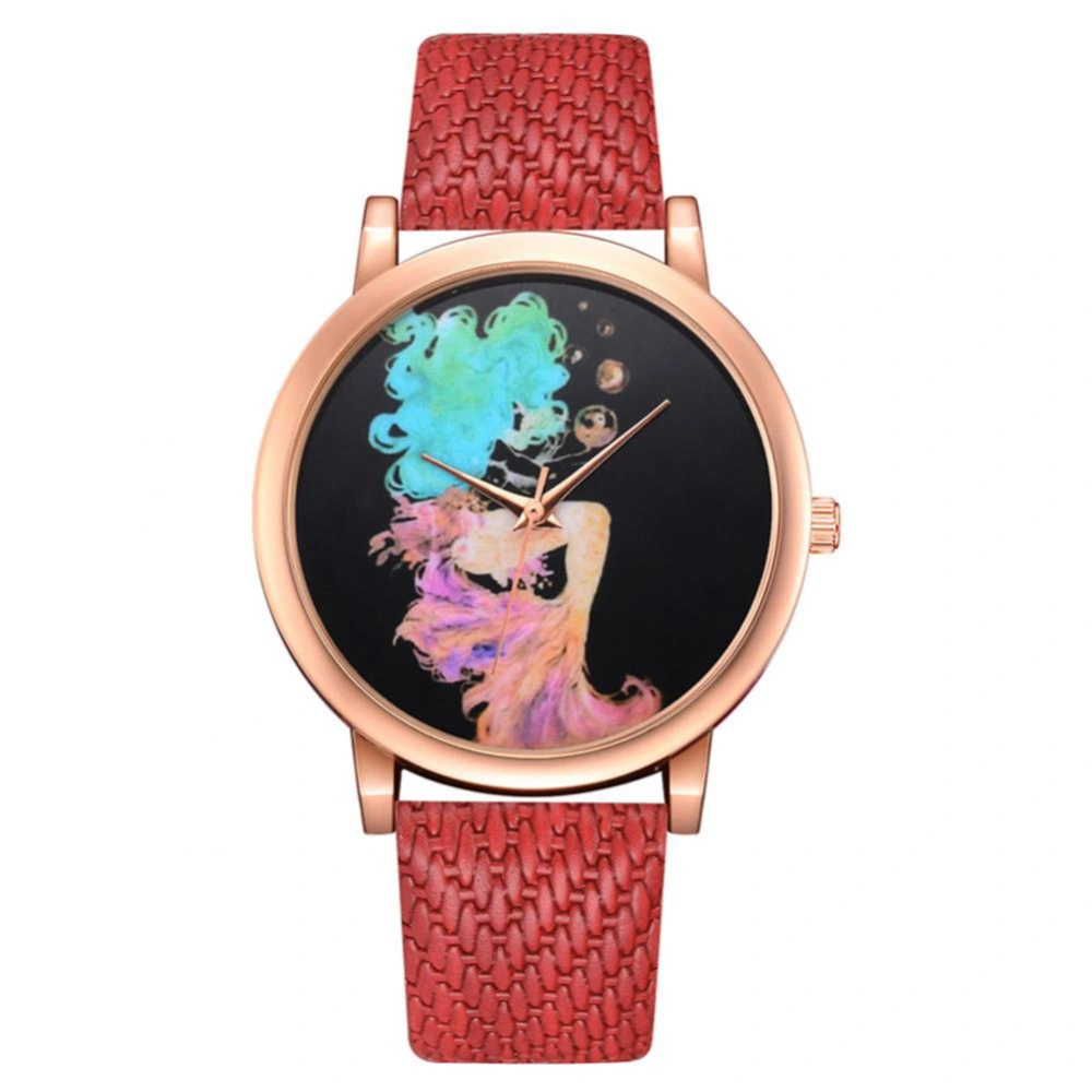 Women Fashionable Casual Alloy Quartz Watch PU Band Wristwatch Girls Watches (Red)