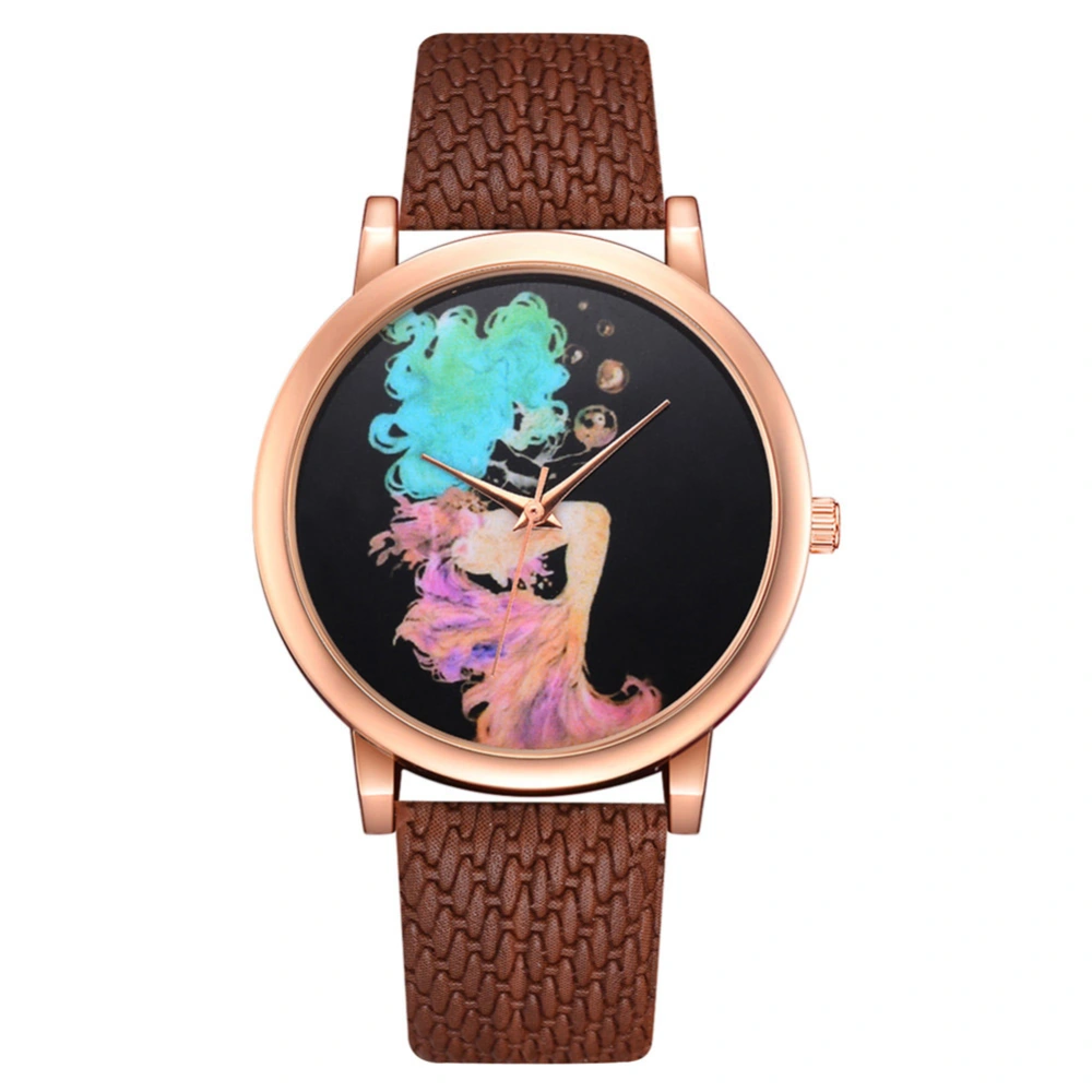 Women Fashionable Casual Alloy Quartz Watch PU Band Wristwatch Girls Watches (Brown)