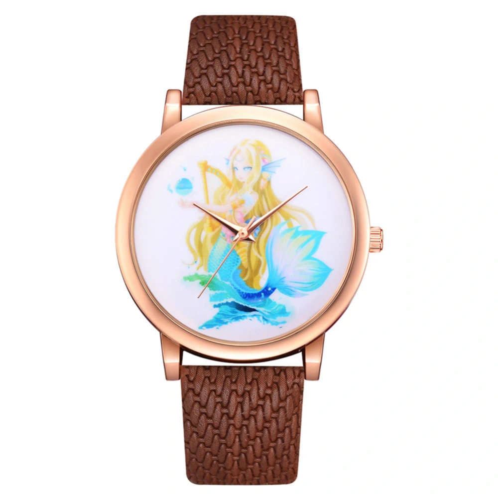 Women Fashionable Casual Alloy Quartz Watch PU Band Wristwatch Student Watches (Brown)