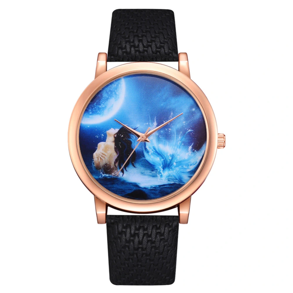 Women Fashionable Casual Alloy Quartz Watch PU Band Wristwatch Girls Watches (Black)