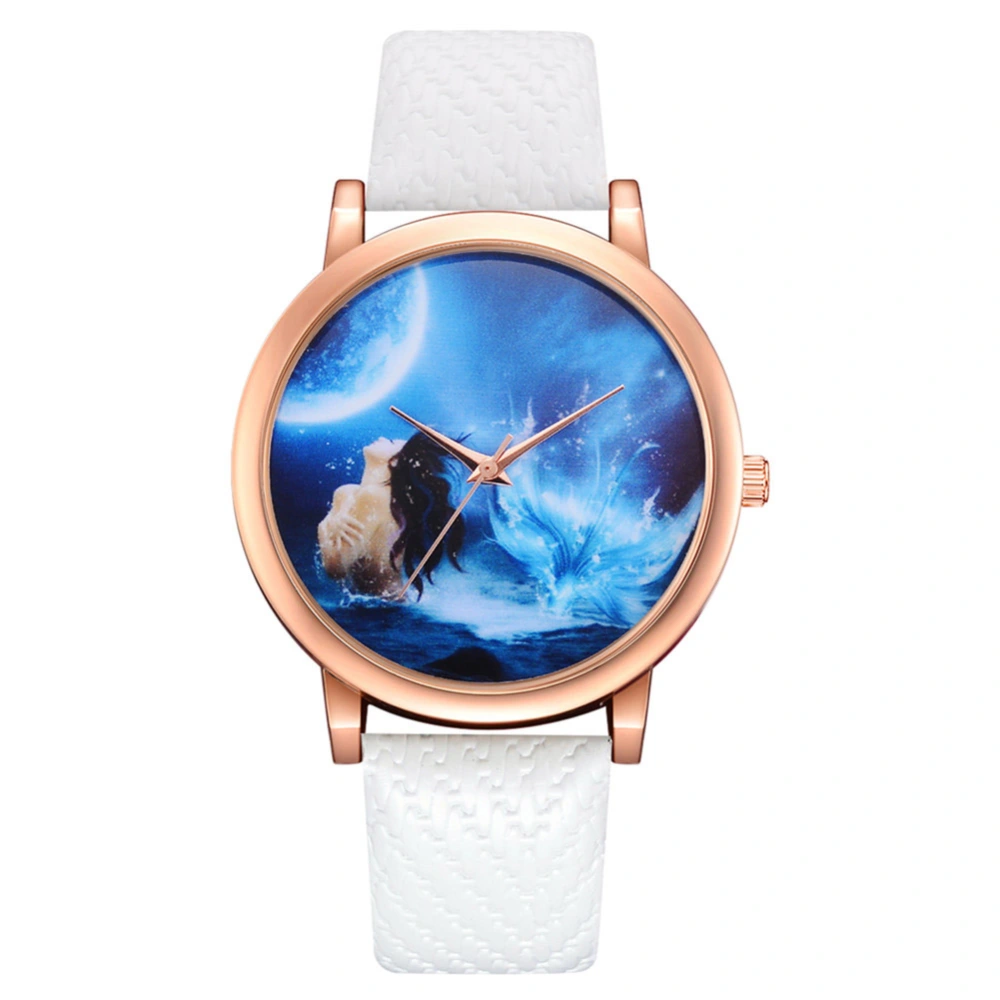 Women Fashionable Casual Alloy Quartz Watch PU Band Wristwatch Girls Watches (White)