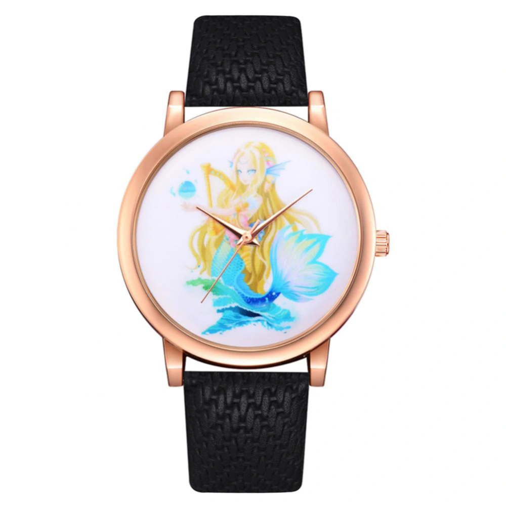 Women Fashionable Casual Alloy Quartz Watch PU Band Wristwatch Student Watches (Black)