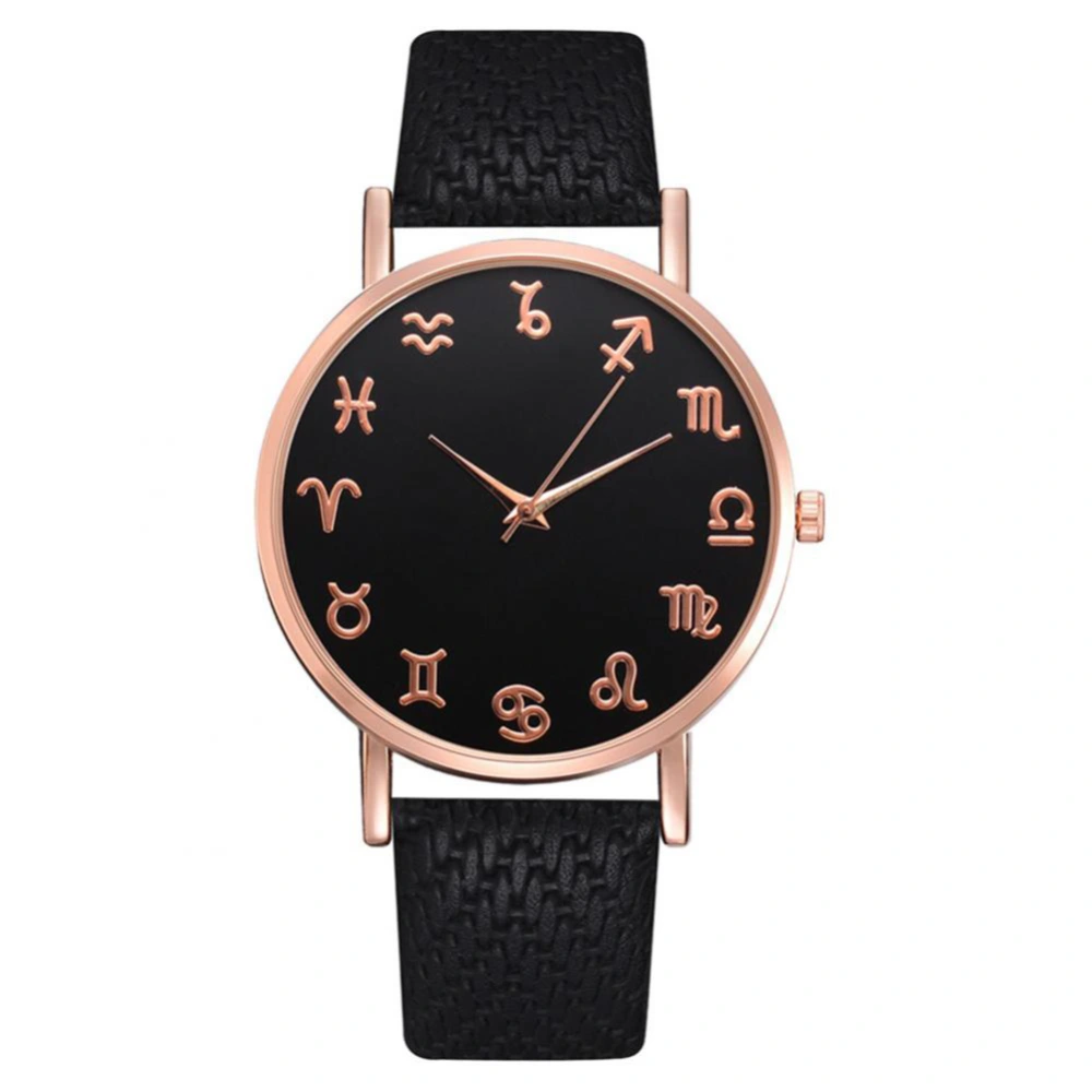 Women Fashionable Casual Alloy Quartz Watch Leather Band Wristwatch Girls Watches (Black)