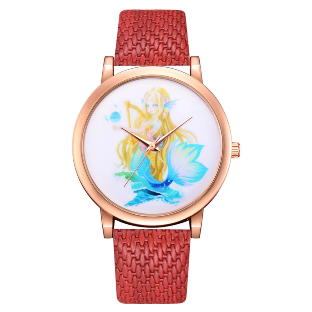 Women Fashionable Casual Alloy Quartz Watch PU Band Wristwatch Student Watches (Red)