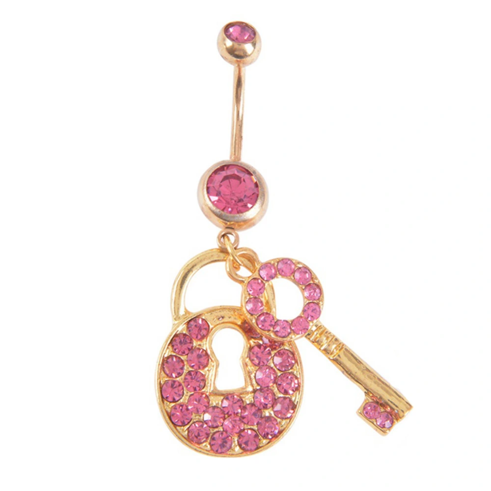 Fashion Gold Plated Lock Key Rhinestones Belly Navel Ring Body Piercing Jewelry (Pink)