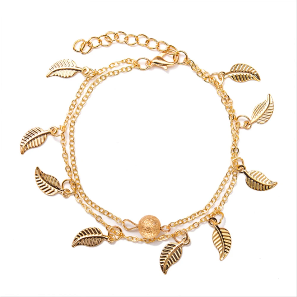 Fashionable Double Layer Anklet Foot Chain Bracelet Leaf Shape Delicate Ankle Jewelry (Gold)