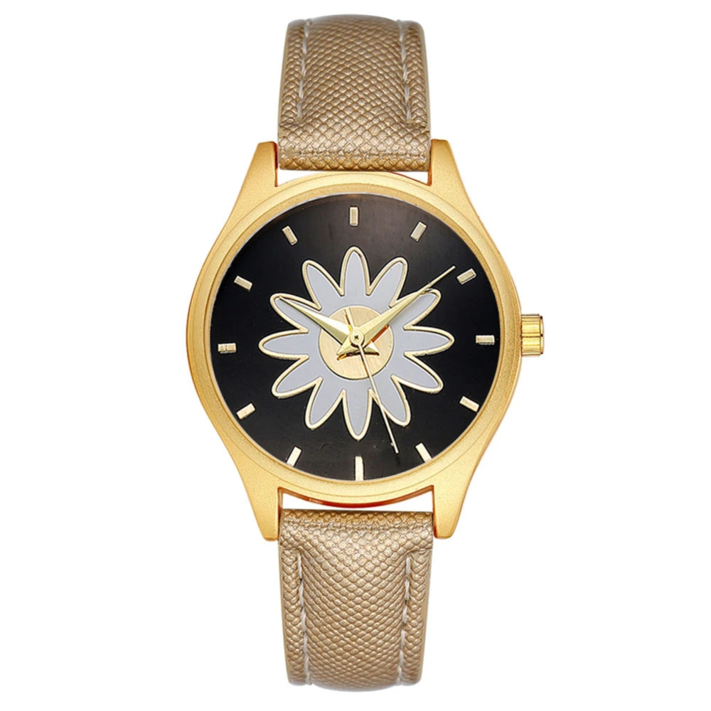 GAIETY Women Lady Fresh Flower Round Dial PU Strap Quartz Watch Analog Wristwatch (Gold)