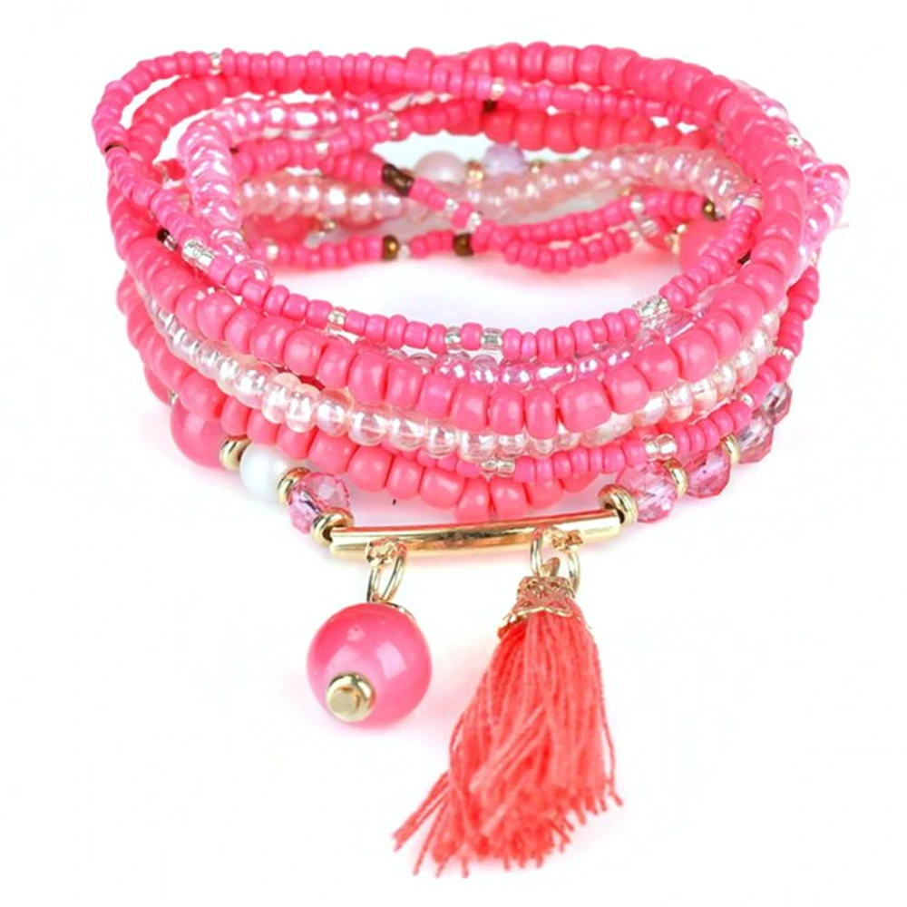 Bohemia Fashion Stylish Retro Ocean Style Multilayer Beads Double Pendant Bracelet (C Red)