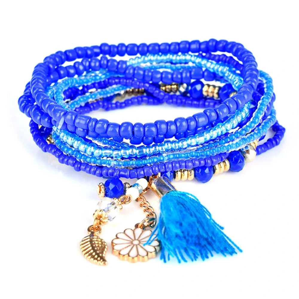 Women Flower Tassels Leaf Pendant Stylish Ethnic Style Multilayer Beads Bracelet (Blue)