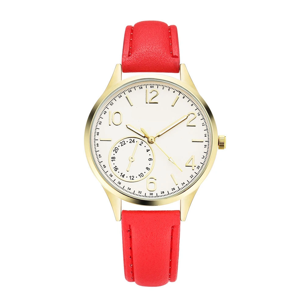 GAIETY Women Elegant Round Dial Analog Pattern PU Strap Wristwatch Quartz Watch(Red)