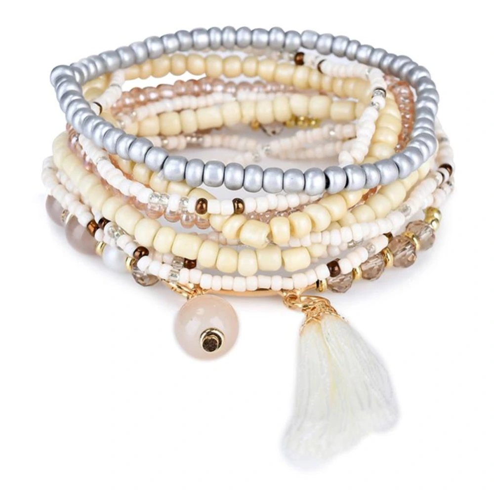 Bohemia Fashion Stylish Retro Ocean Style Multilayer Beads Double Pendant Bracelet (B Beige)