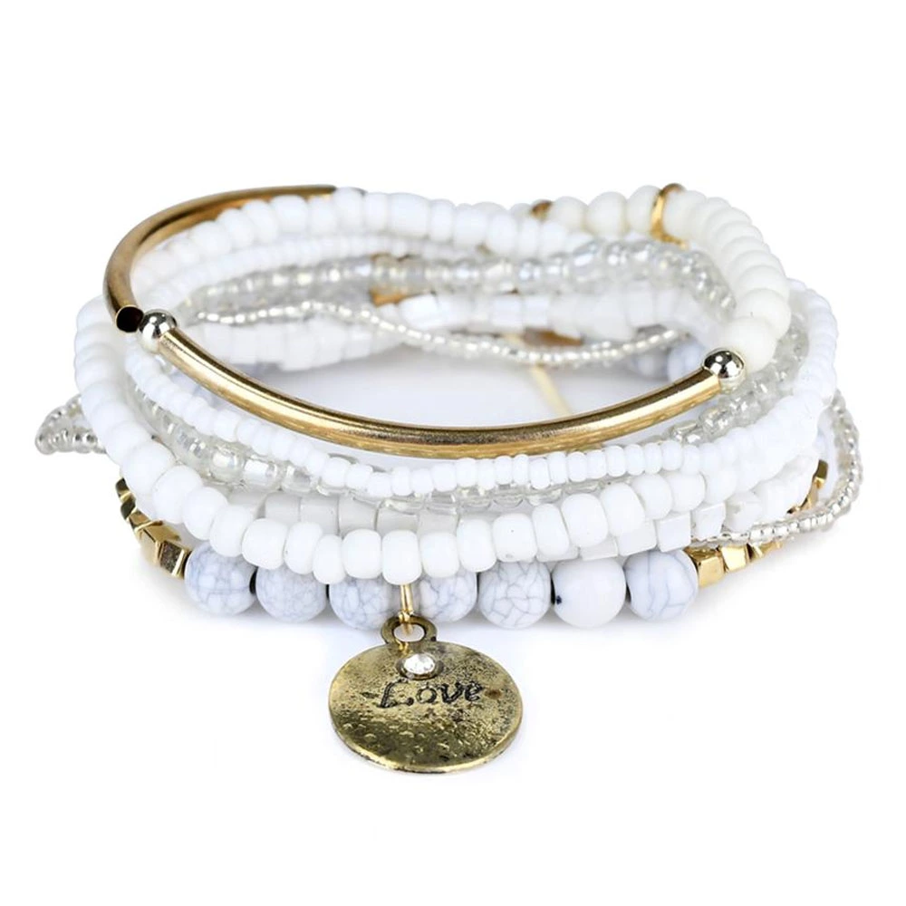 Women Lady Girl Letter Pendant Stylish Retro Ethnic Style Multilayer Beads Bracelet (White)