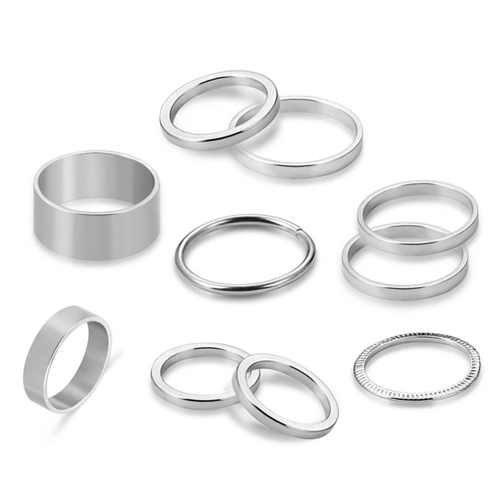 10 Pcs Simple Style Alloy Ring Set Round Ring Jewelry Gift for Women Lady