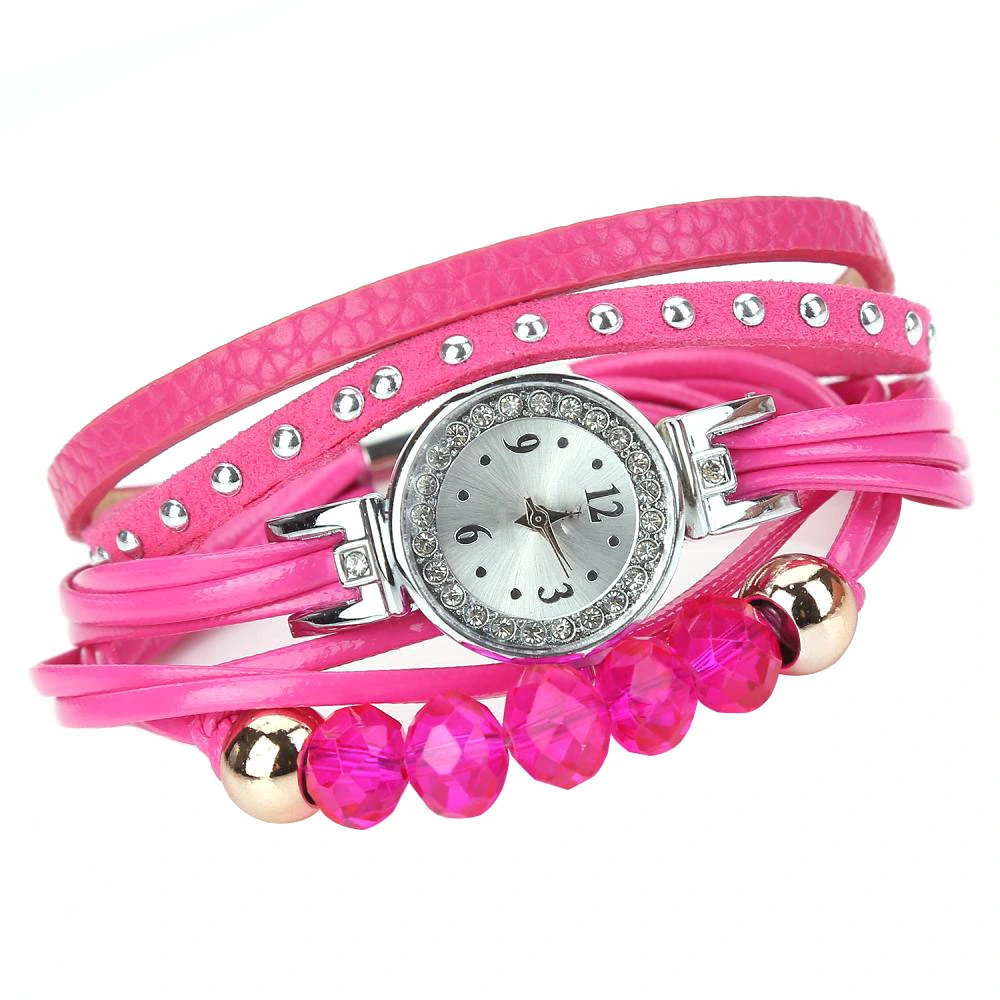 duoya Women Cute Beads Decoration Bracelet Wristwatch Quartz Analog Watch (Rose Red)