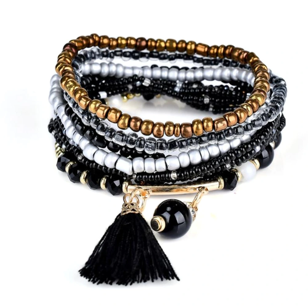 Bohemia Fashion Stylish Retro Ocean Style Multilayer Beads Double Pendant Bracelet (E Black)