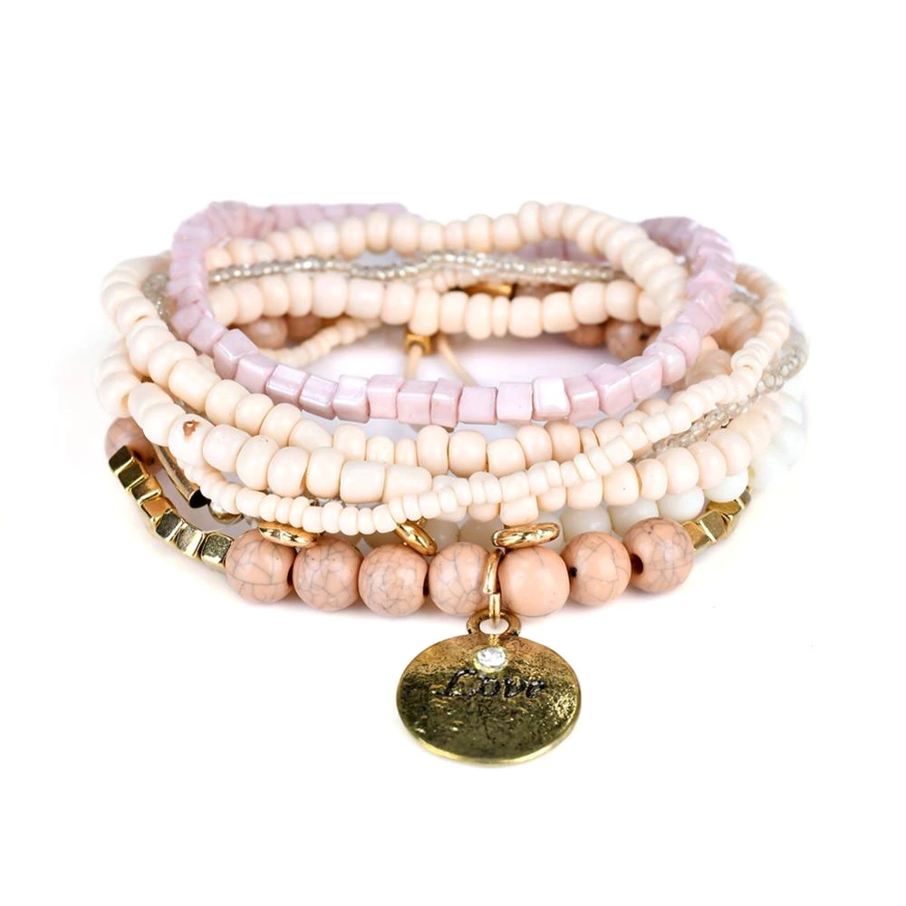 Women Lady Girl Letter Pendant Stylish Retro Ethnic Style Multilayer Beads Bracelet(Light Pink)