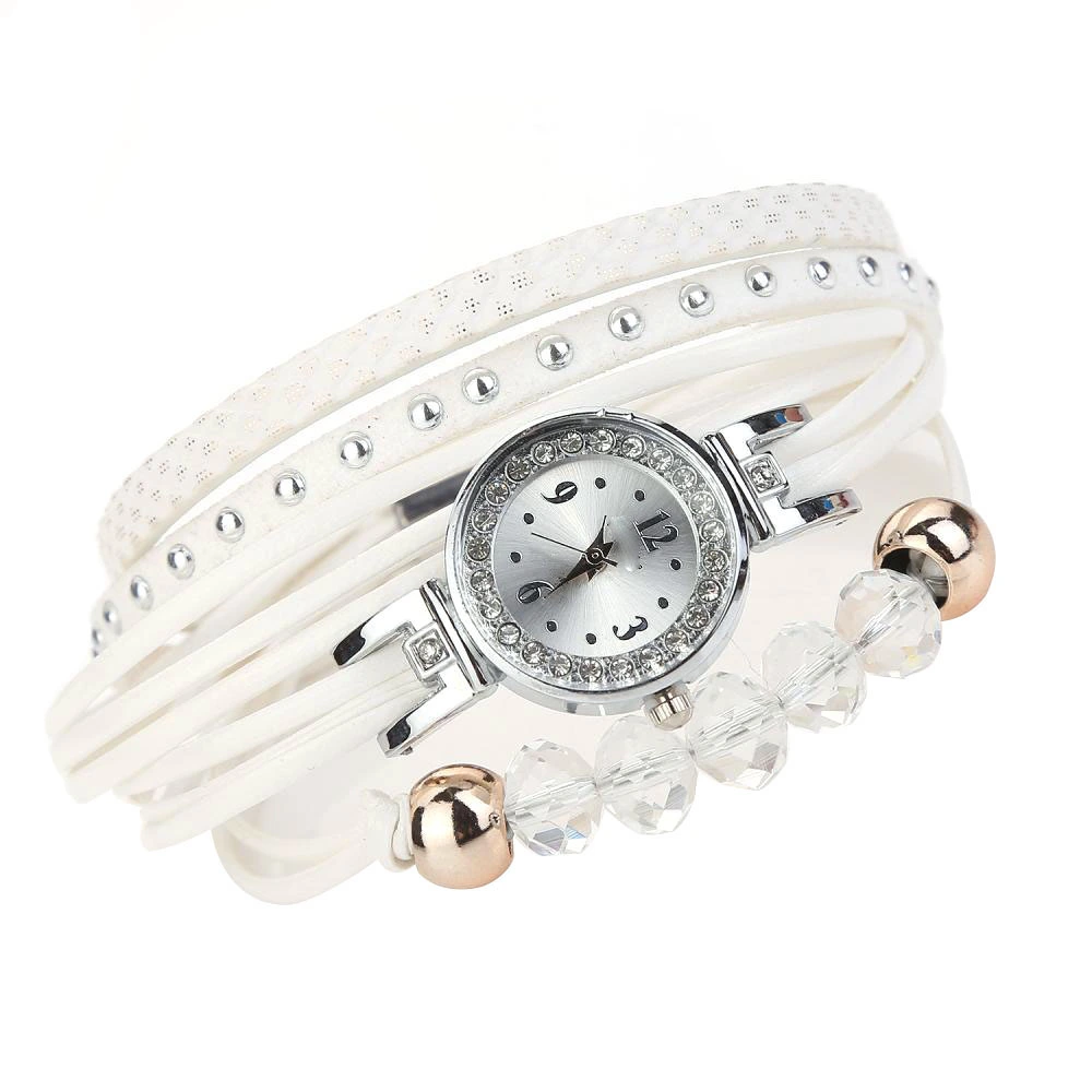 duoya Women Cute Beads Decoration Bracelet Wristwatch Quartz Analog Watch (White)