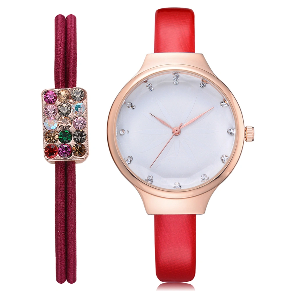 Disu Fashion PU Strap Classic Quartz Analog Watch Wristwatch Rhinestone Hair Ring (Red)