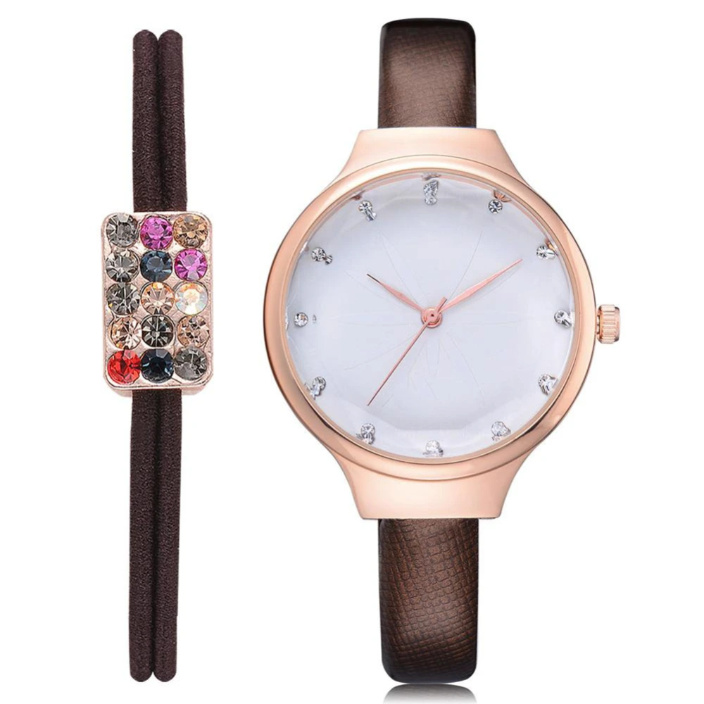 Disu Fashion PU Strap Classic Quartz Analog Watch Wristwatch Rhinestone Hair Ring (Brown)