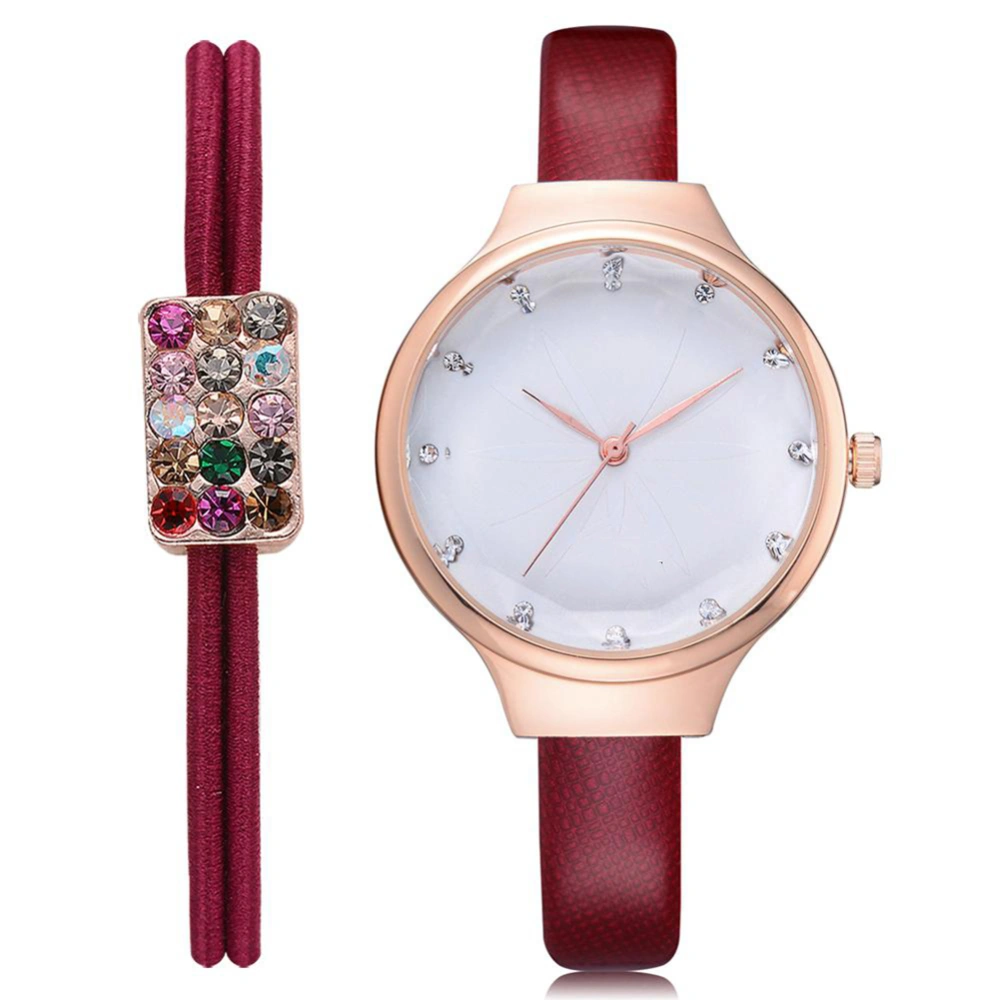 Disu Fashion PU Strap Classic Quartz Analog Watch Wristwatch Rhinestone Hair Ring (Dark Red)