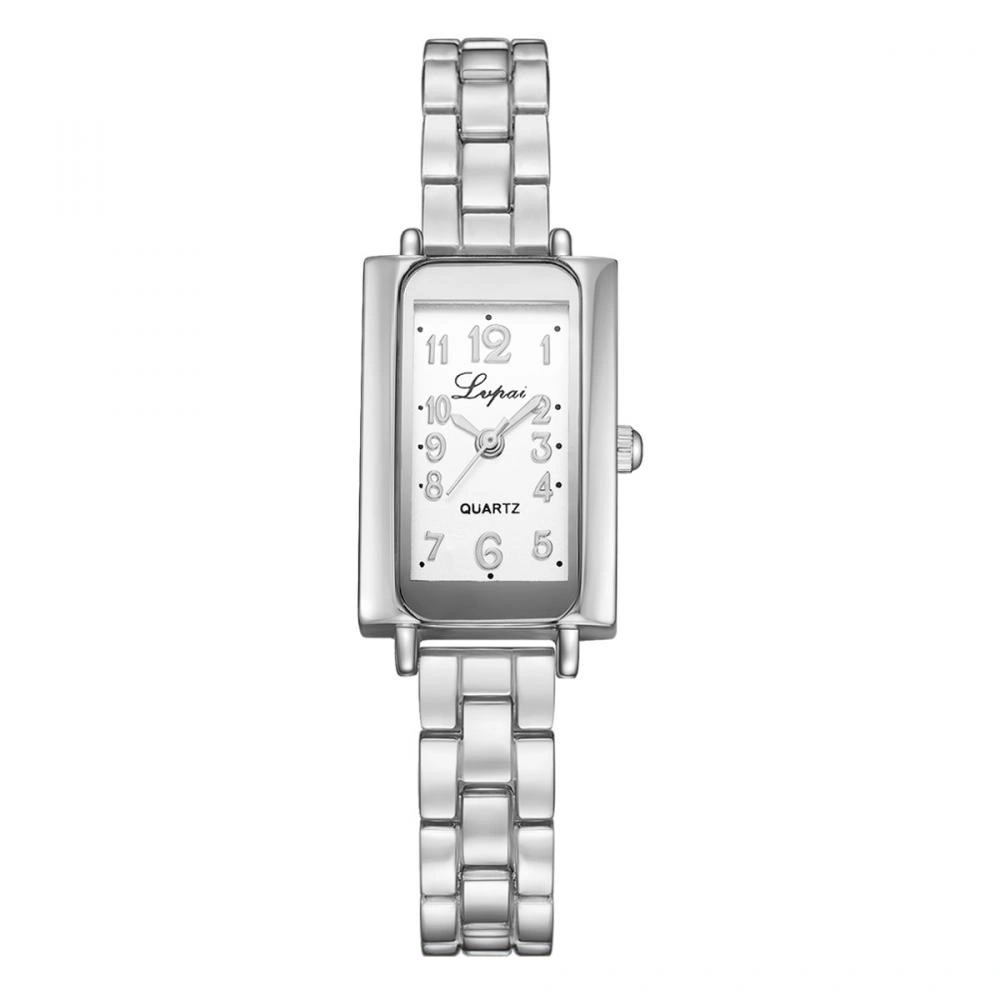 Women Female Quartz Movement Watch Alloy Rectangle Case Analog Wristwatch Silver White