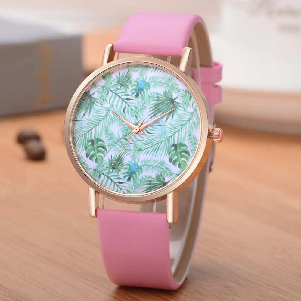 Women Leaf Pattern Quartz Movement Adjustable PU Strap Analog Display Watch (Pink)