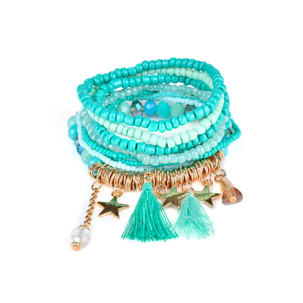 Women Vintage Multi layer Bohemia Ethnic Style Colorful Beads Tassels Bracelet (Blue)