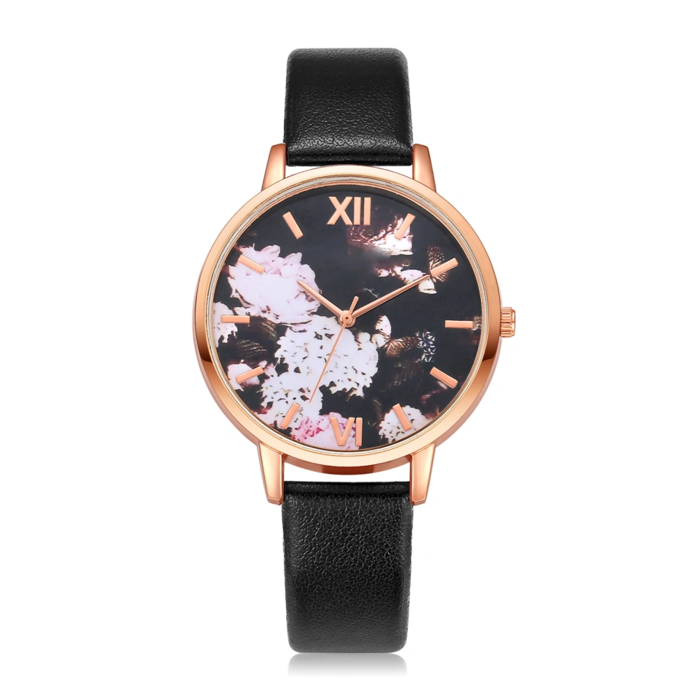 Adjustable PU Strap Quartz Movement Analog Display Watch Wristwatch(Rose Gold Case Black Strap)