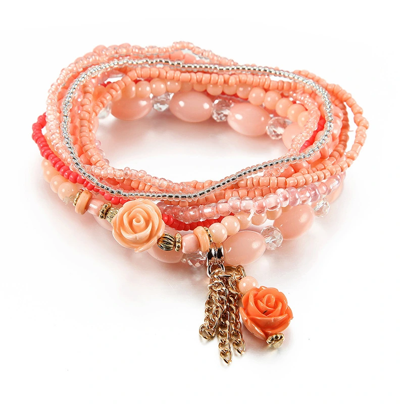 Women Vintage Multi layer Bohemia Ethnic Style Colorful Beads Flowers Bracelet (Orange)