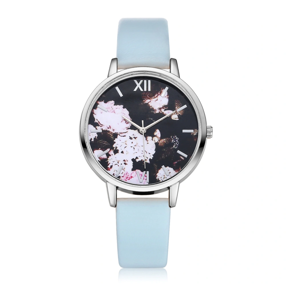 Adjustable PU Strap Quartz Movement Analog Display Watch Wristwatch (Silver Case Blue Strap​)