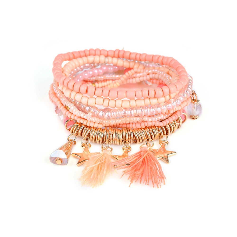 Women Vintage Multi layer Bohemia Ethnic Style Colorful Beads Tassels Bracelet (Pink)