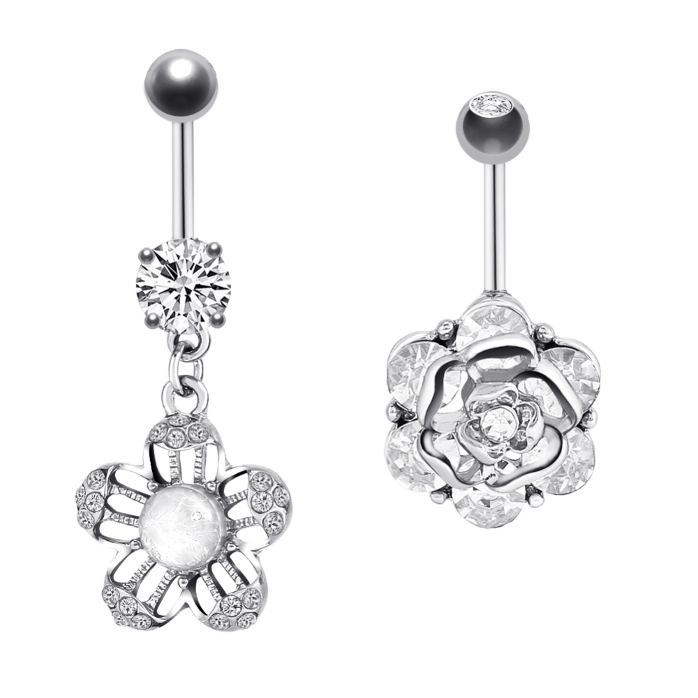 2pcs/set Flower Belly Button Navel Ring Barbell Stainless Steel Body Piercing Jewelry (Silver)