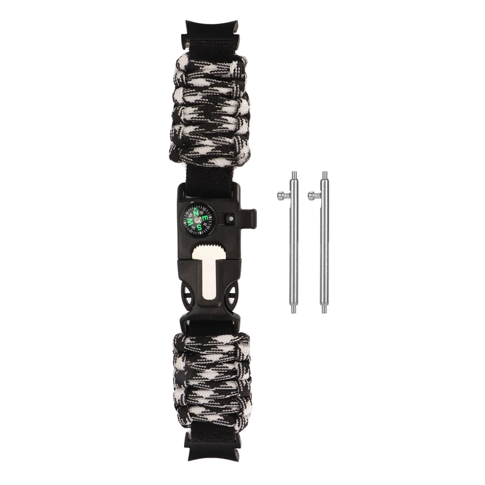 6 in 1 Paracord Bracelet Watch Band with Fire Starter Compass Whistle Fit for Samsung Watch 6 Black White Camouflage