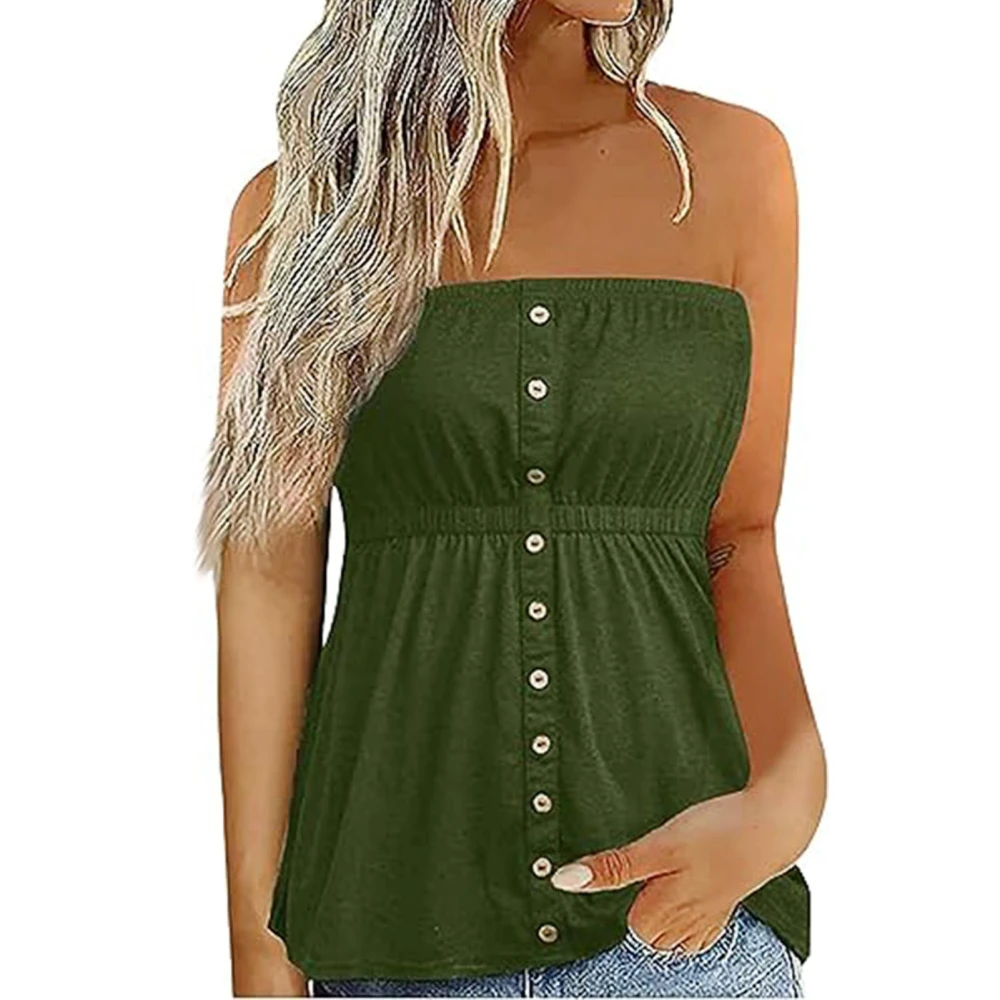 Women Strapless Tube Top Button Front Ruffle Hem Sleeveless Blouse for Summer Wear OD Green XL